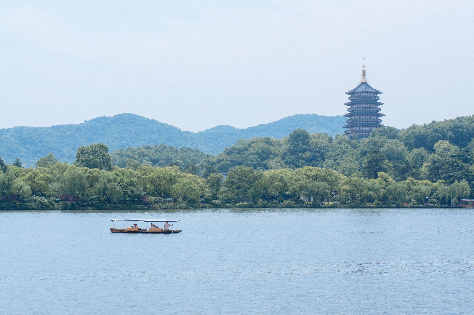 Boat on West Lake with Leifeng Pagoda, Hangzhou