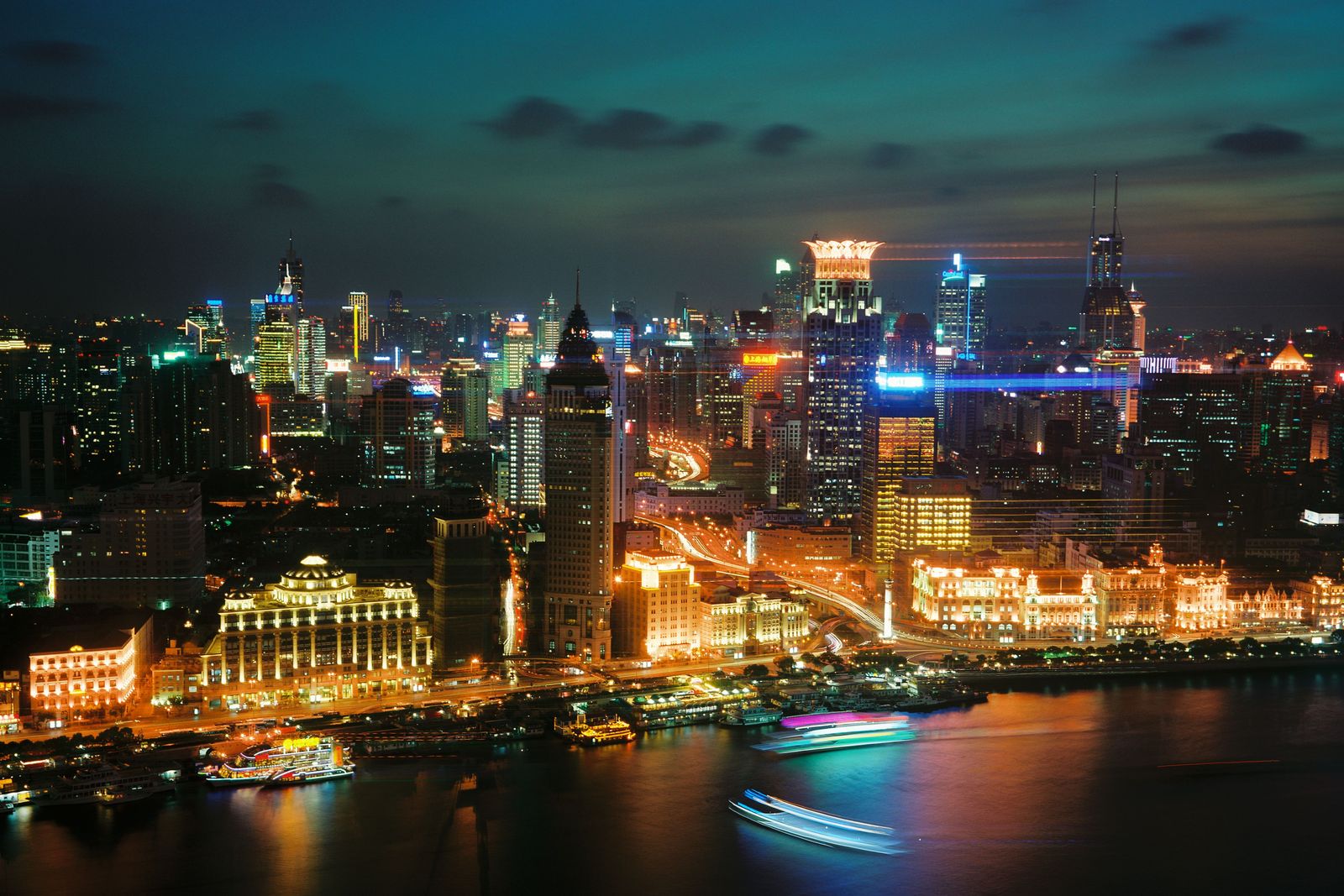 The historic Bund waterfront lit up at night, Shanghai